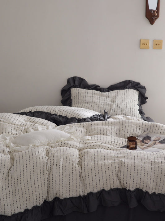 Ivory Charcoal Ruffle Stripe Cotton Muslin Comforter original reference image 2