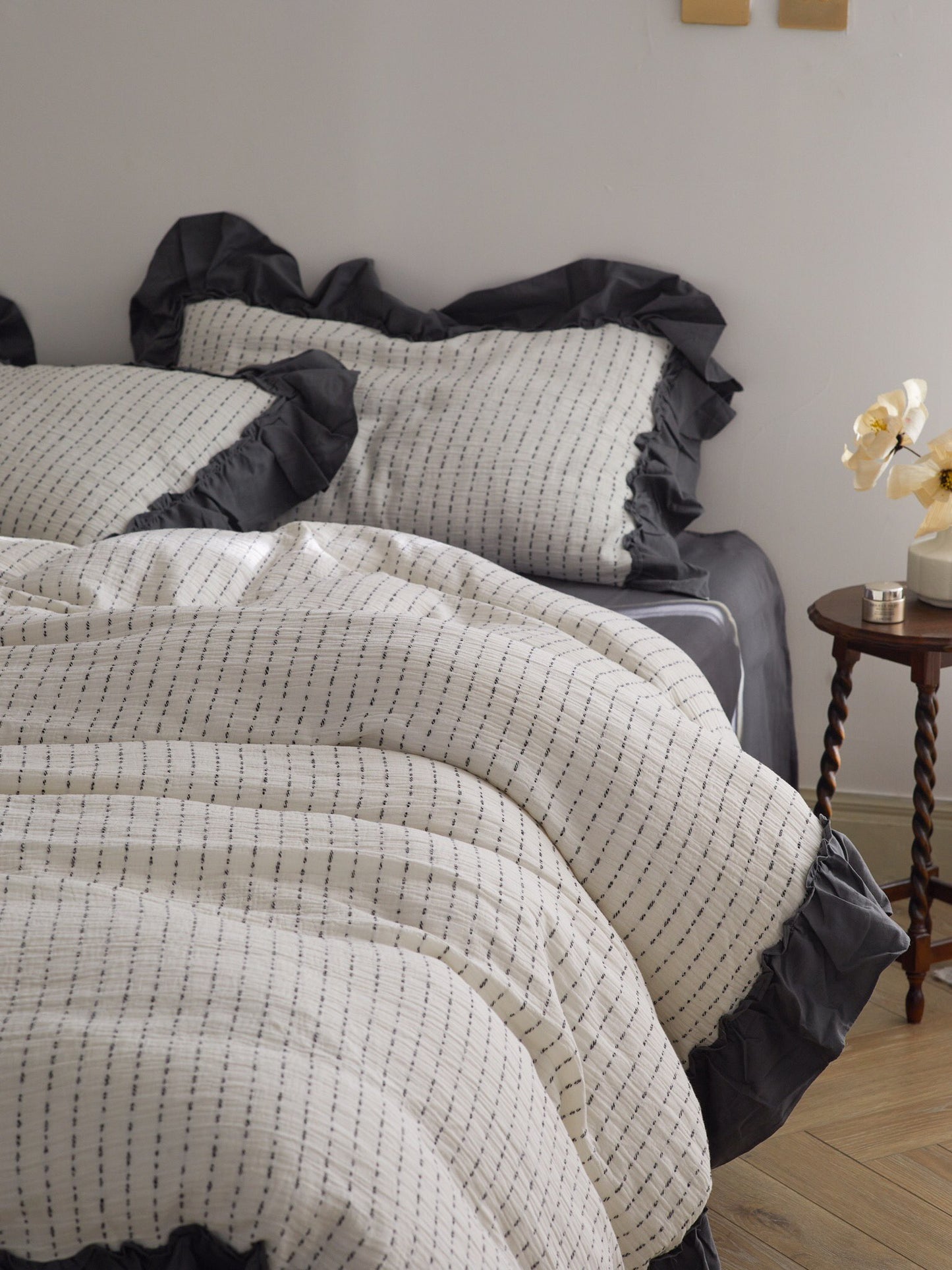 Ivory Charcoal Ruffle Stripe Cotton Muslin Comforter original reference image 9