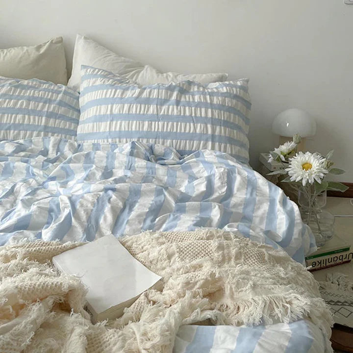 Wholesale Luxury Blue Stripe Cotton Seersucker Duvet Cover Set