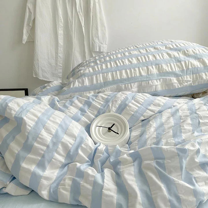 Wholesale Luxury Blue Stripe Cotton Seersucker Duvet Cover Set