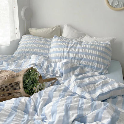 Wholesale Luxury Blue Stripe Cotton Seersucker Duvet Cover Set