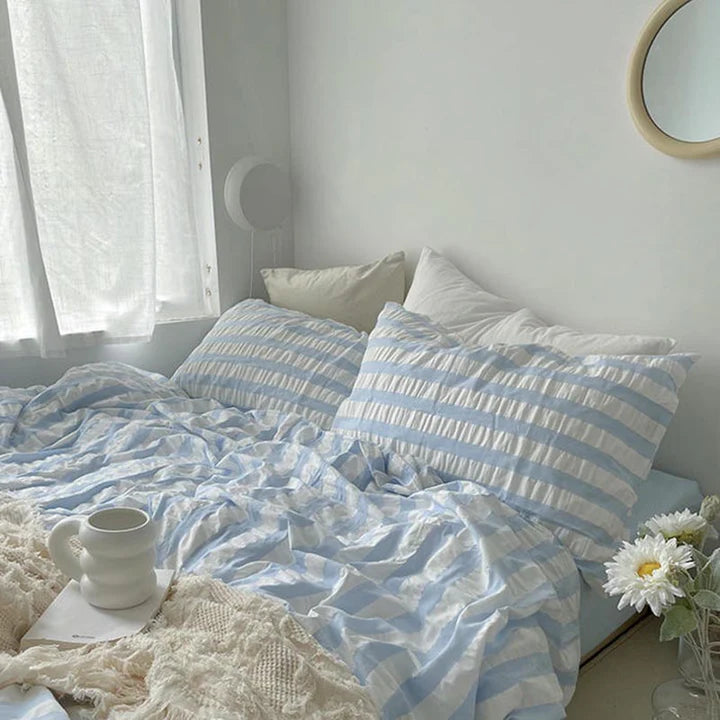 Ensemble de housse de couette en seersucker de coton à rayures bleues de luxe en gros 