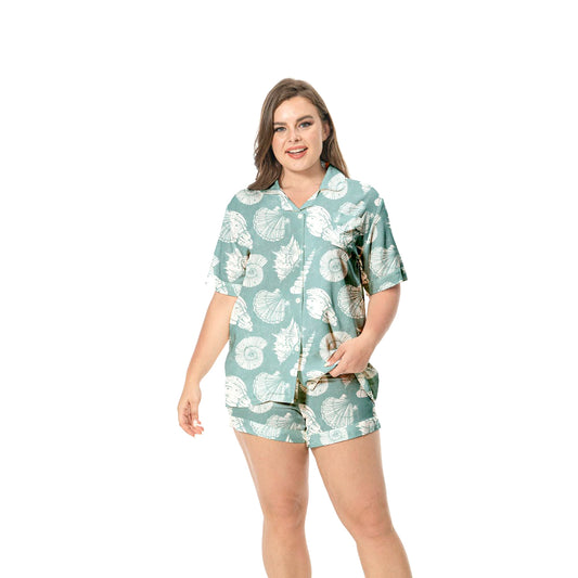 Custom Sea Shell Printed Oversized Women’s Night Pajamas Set in Viscose/Satin/Cotton