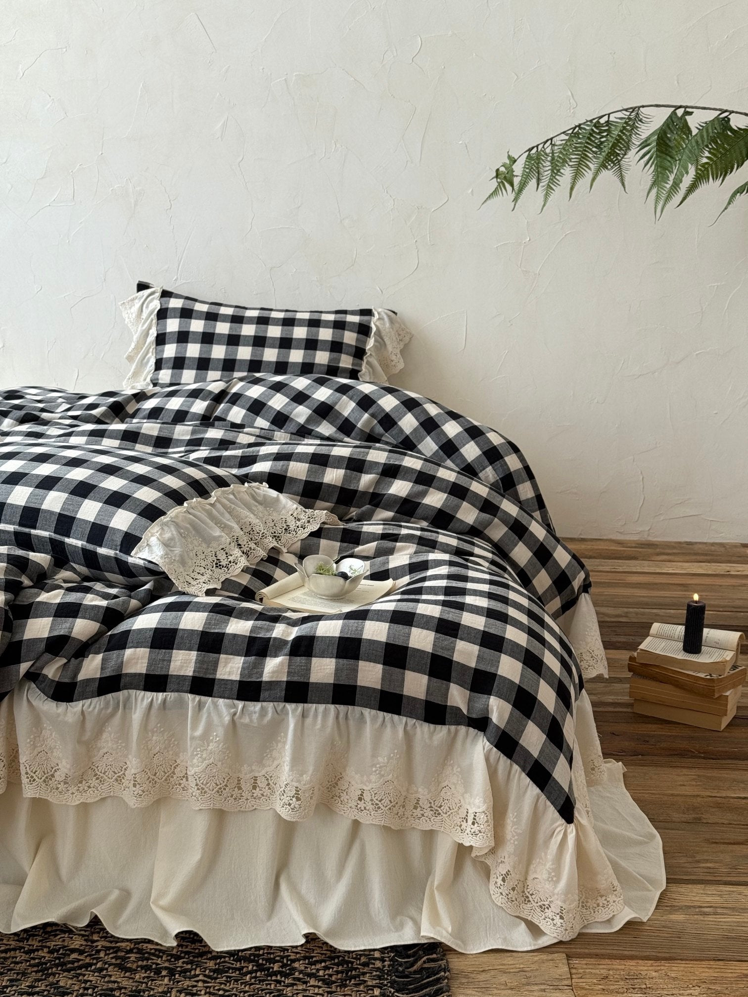 Black Gingham Lace Trim Cotton Comforter original reference image 1