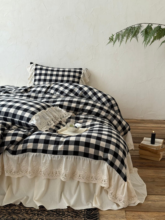 Black Gingham Lace Trim Cotton Comforter original reference image 1