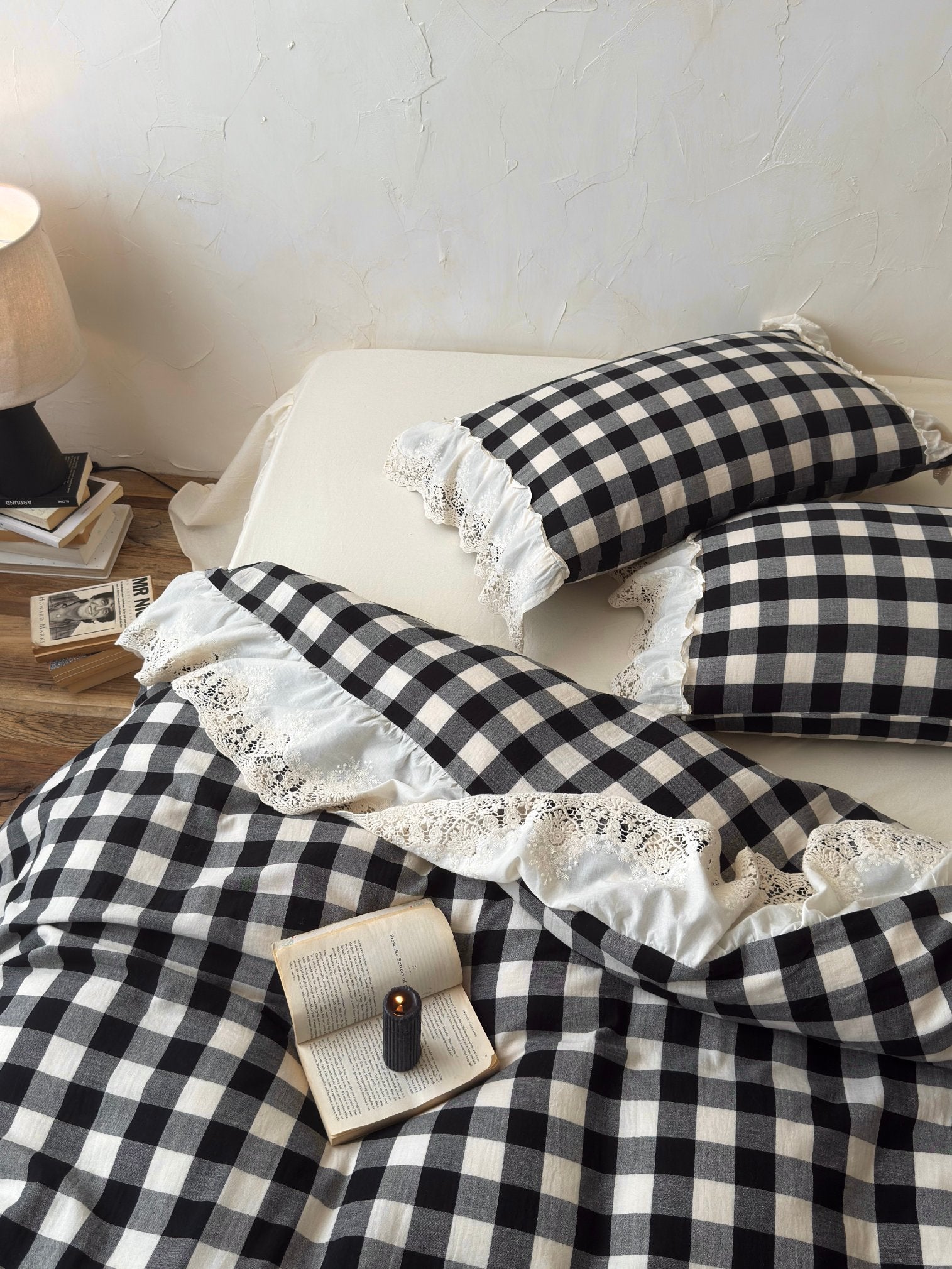 Black Gingham Lace Trim Cotton Comforter original reference image 6