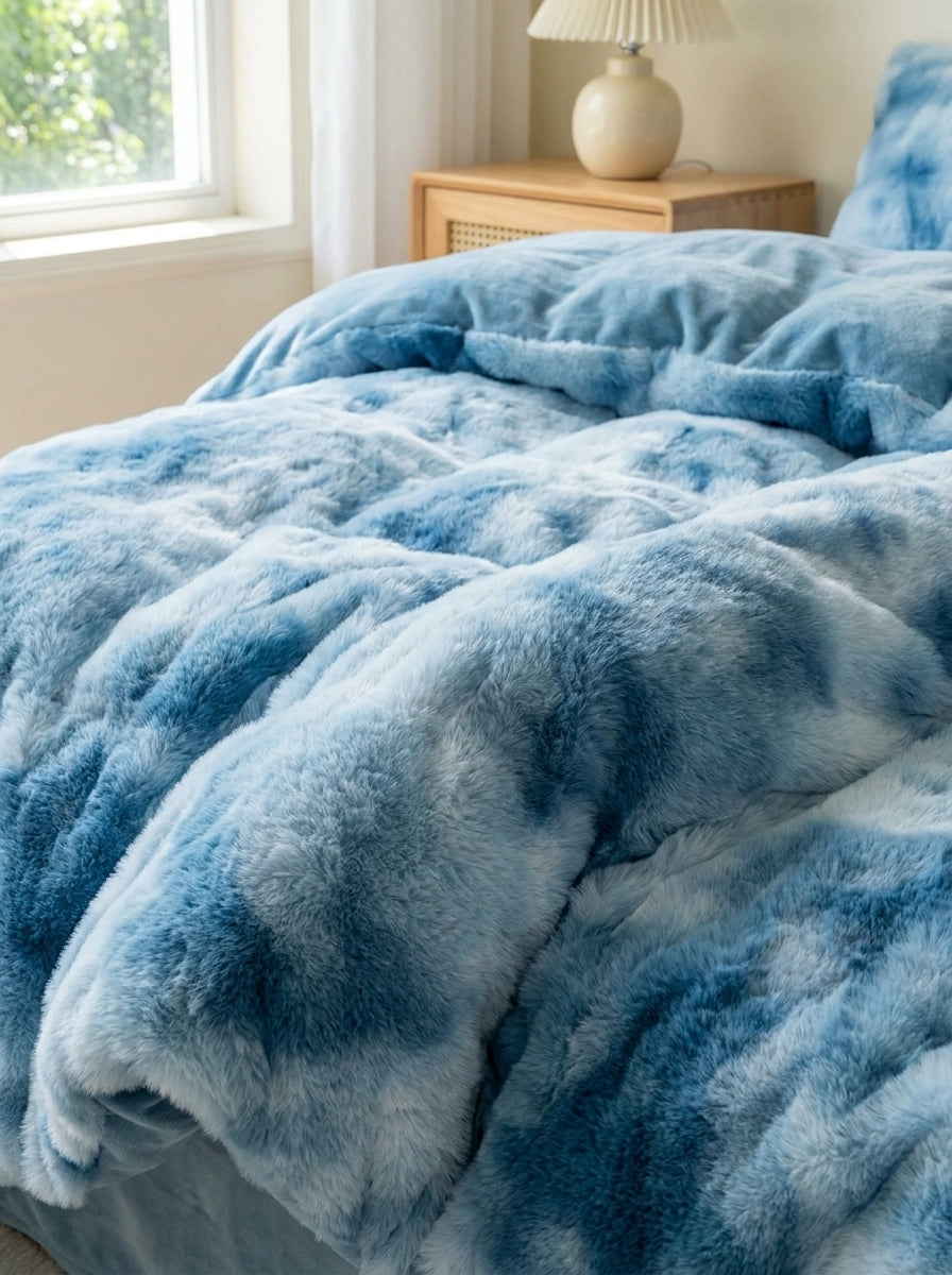 Blue Tie-Dye Faux Fur Comforter detail image