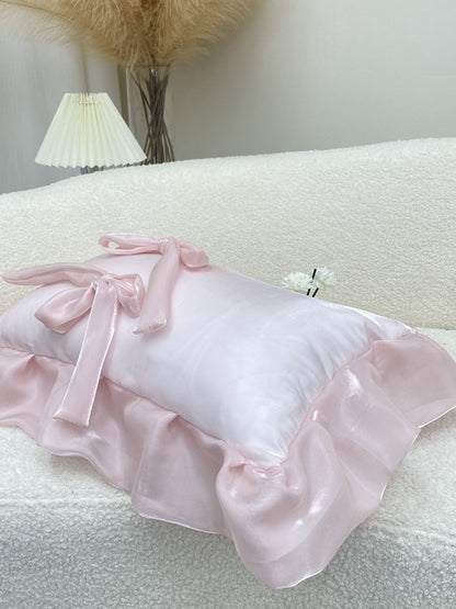 Blush Pink Bow Ruffle Organza Lumbar Throw Pillow original reference image 5
