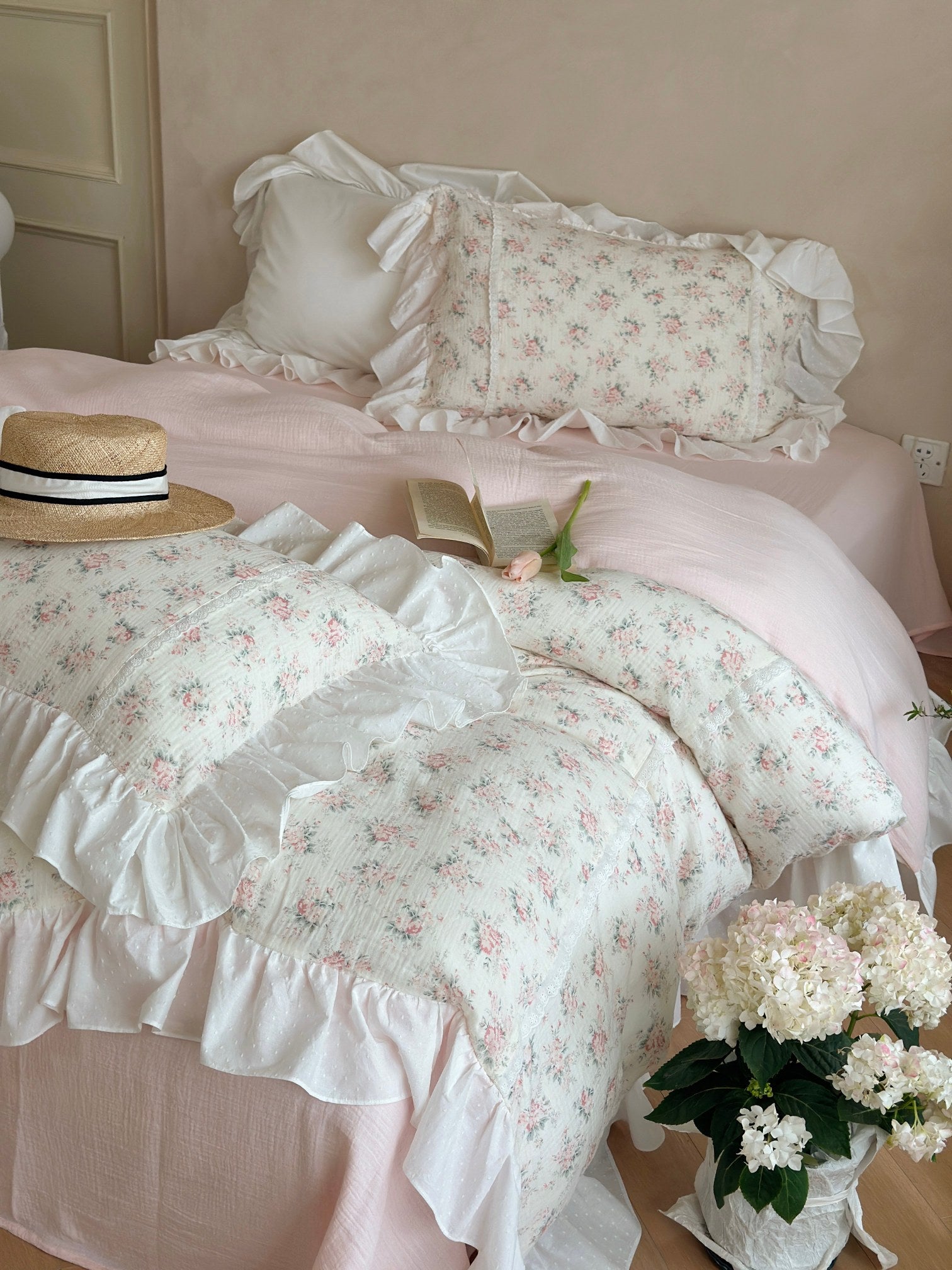 Blush Rose Garden Ruffle Cotton Muslin Comforter original reference image 2