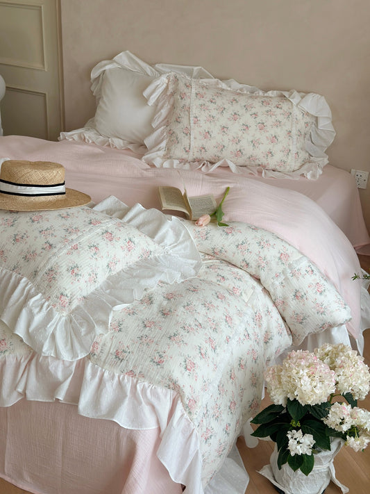 Blush Rose Garden Ruffle Cotton Muslin Comforter original reference image 2