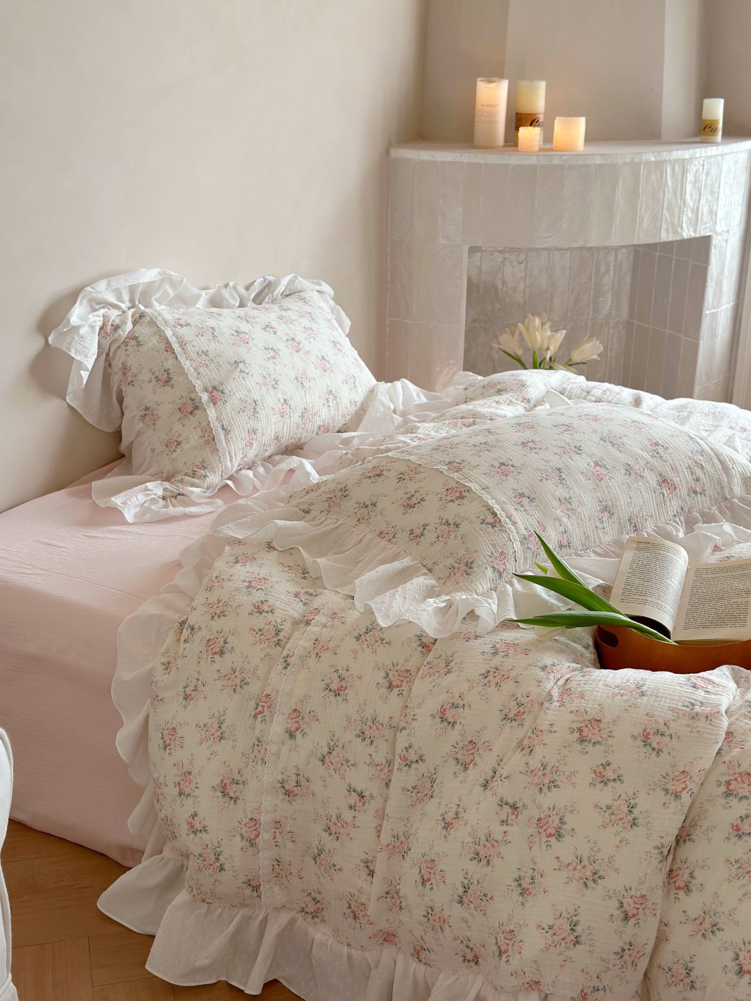 Blush Rose Garden Ruffle Cotton Muslin Comforter original reference image 4