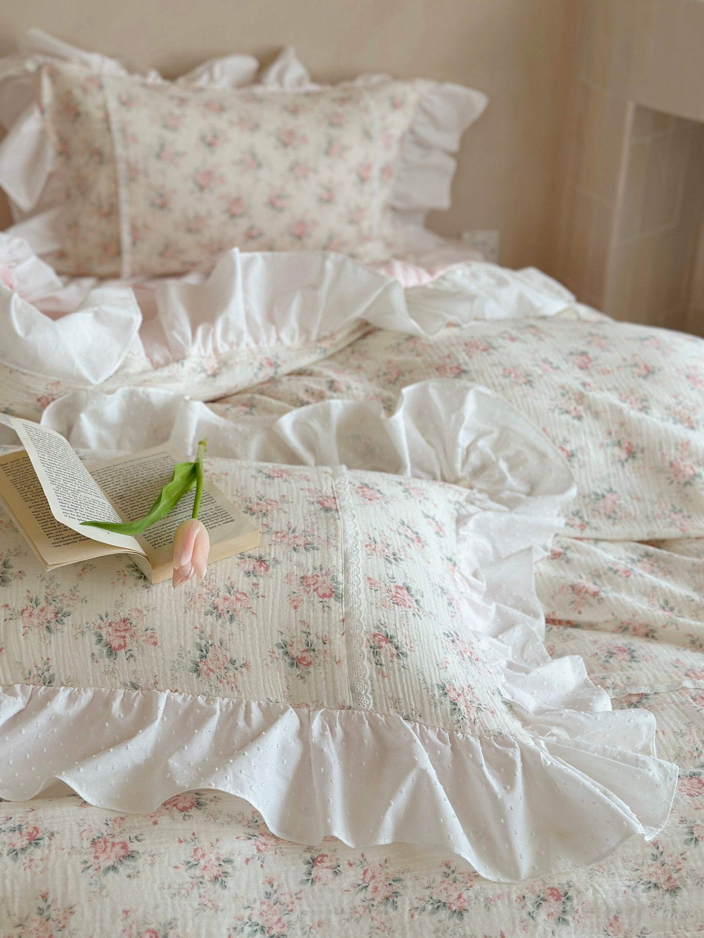 Blush Rose Garden Ruffle Cotton Muslin Comforter original reference image 5
