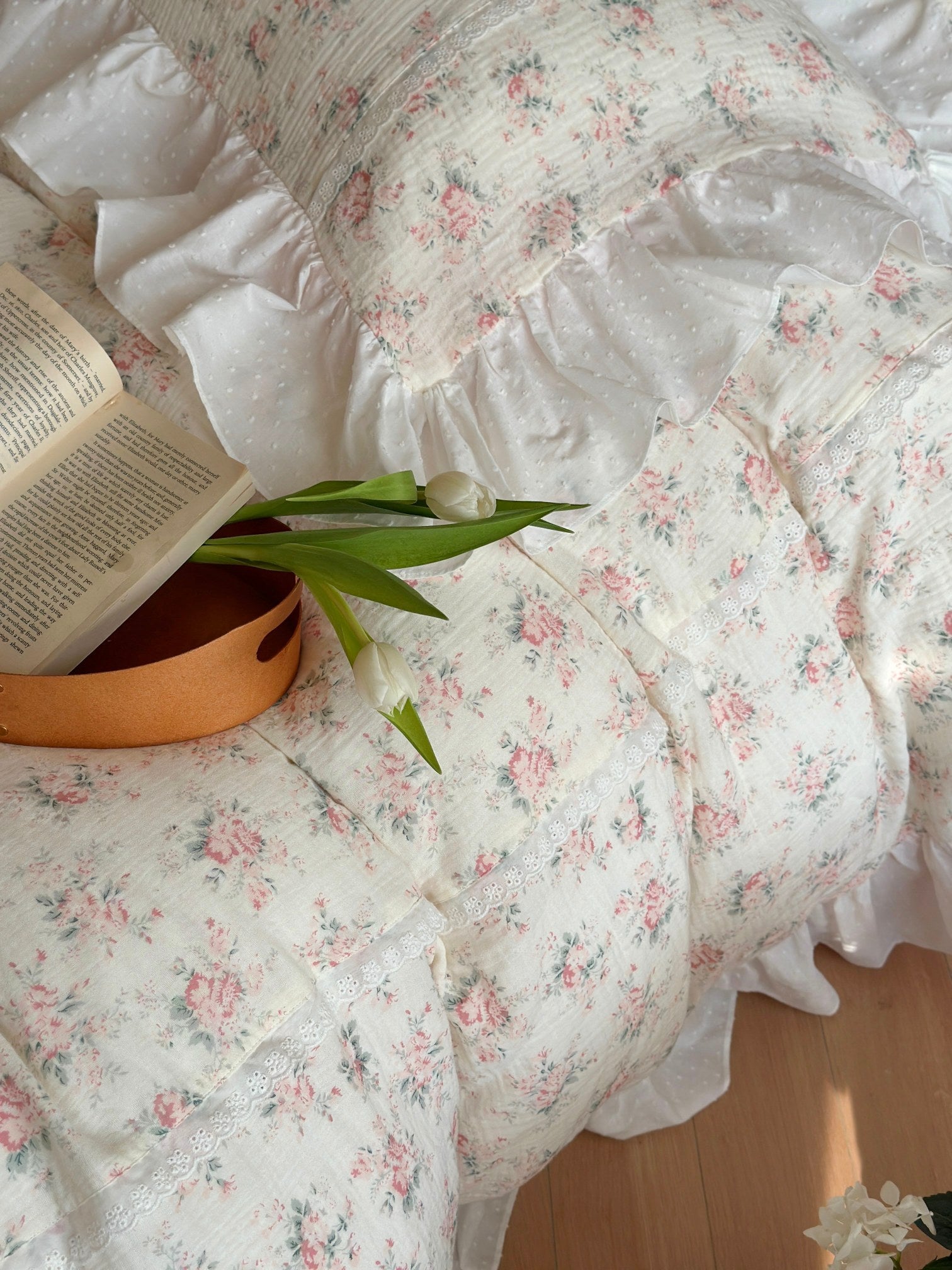 Blush Rose Garden Ruffle Cotton Muslin Comforter original reference image 7