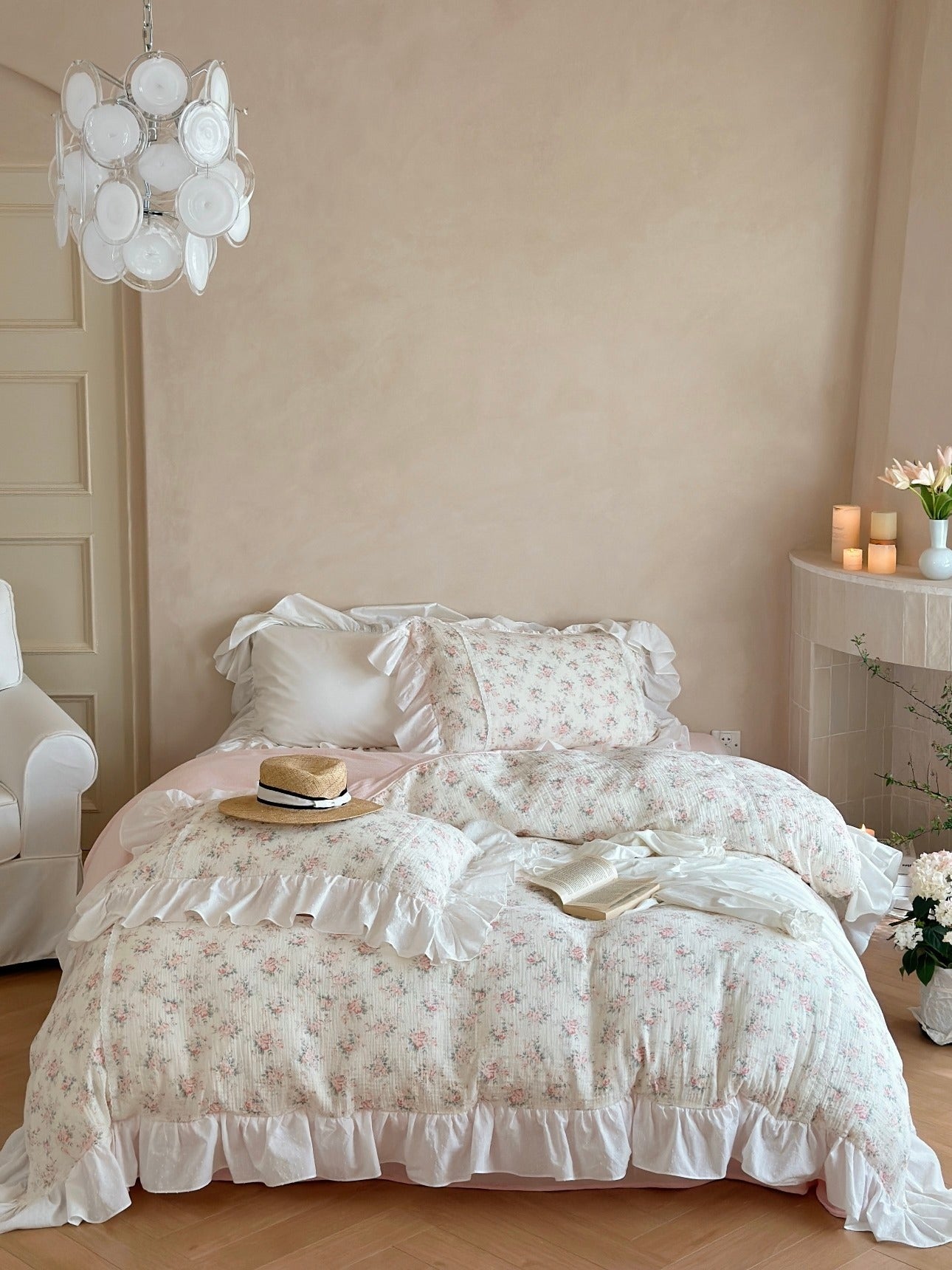 Blush Rose Garden Ruffle Cotton Muslin Comforter original reference image 8