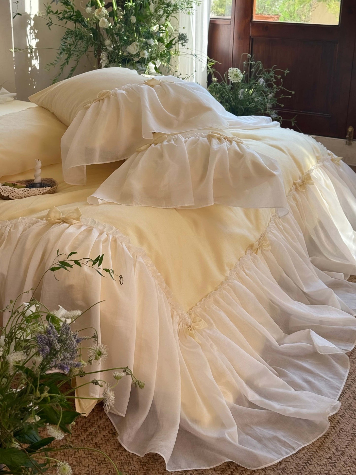 Buttercream Ruffle Organza Trim Sateen Comforter original reference image 5