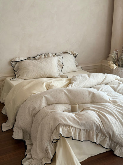 Ivory Black Piped Ruffle Cotton Muslin Comforter original reference image 1