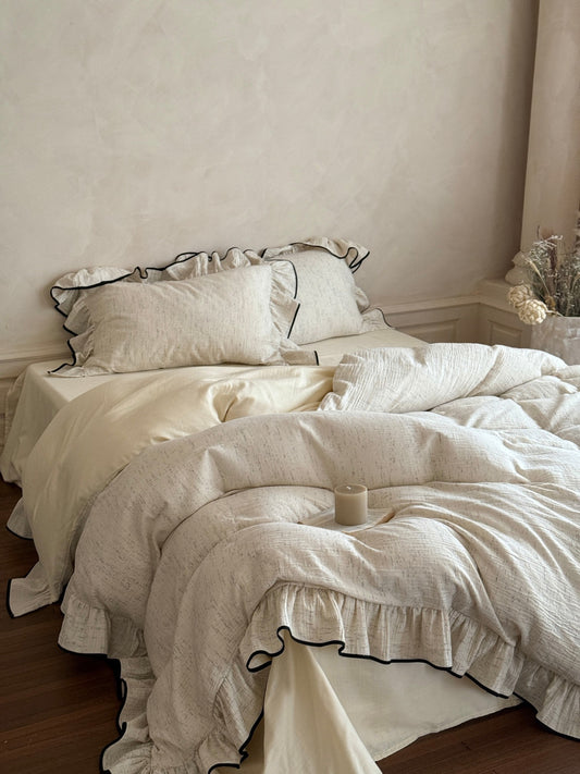 Ivory Black Piped Ruffle Cotton Muslin Comforter original reference image 1