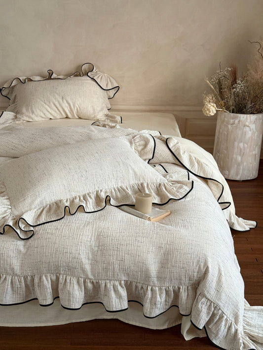 Ivory Black Piped Ruffle Cotton Muslin Comforter original reference image 2