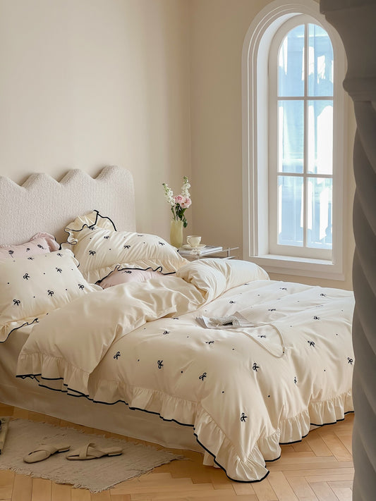 Ivory Bow Embroidery Ruffle Cotton Sateen Comforter original reference image 1
