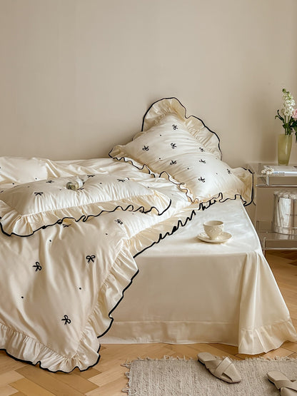 Ivory Bow Embroidery Ruffle Cotton Sateen Comforter original reference image 3