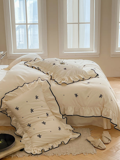 Ivory Bow Embroidery Ruffle Cotton Sateen Comforter original reference image 4