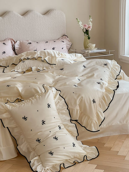 Ivory Bow Embroidery Ruffle Cotton Sateen Comforter original reference image 5