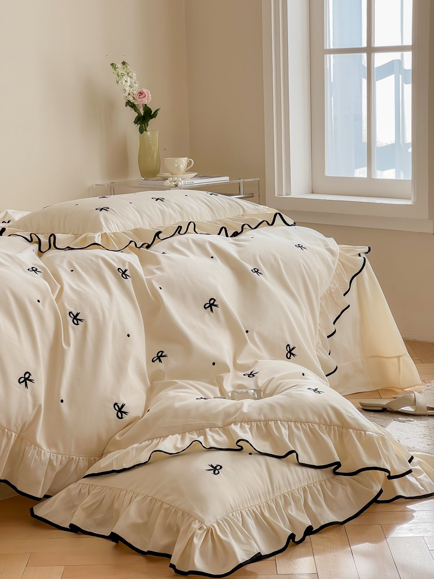 Ivory Bow Embroidery Ruffle Cotton Sateen Comforter original reference image 6