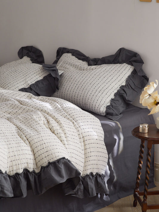 Ivory Charcoal Ruffle Stripe Cotton Muslin Comforter original reference image 1