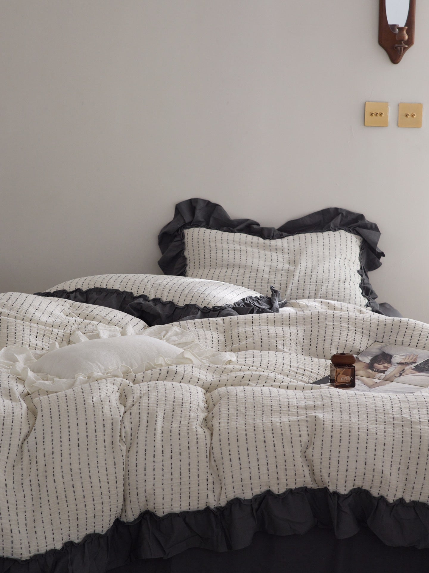 Ivory Charcoal Ruffle Stripe Cotton Muslin Comforter original reference image 2