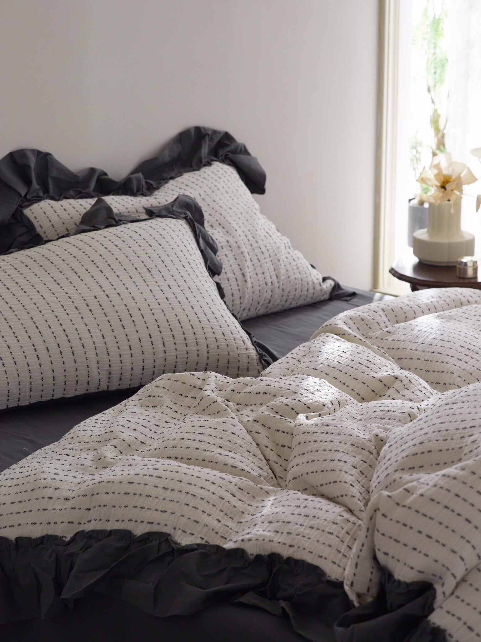 Ivory Charcoal Ruffle Stripe Cotton Muslin Comforter original reference image 3