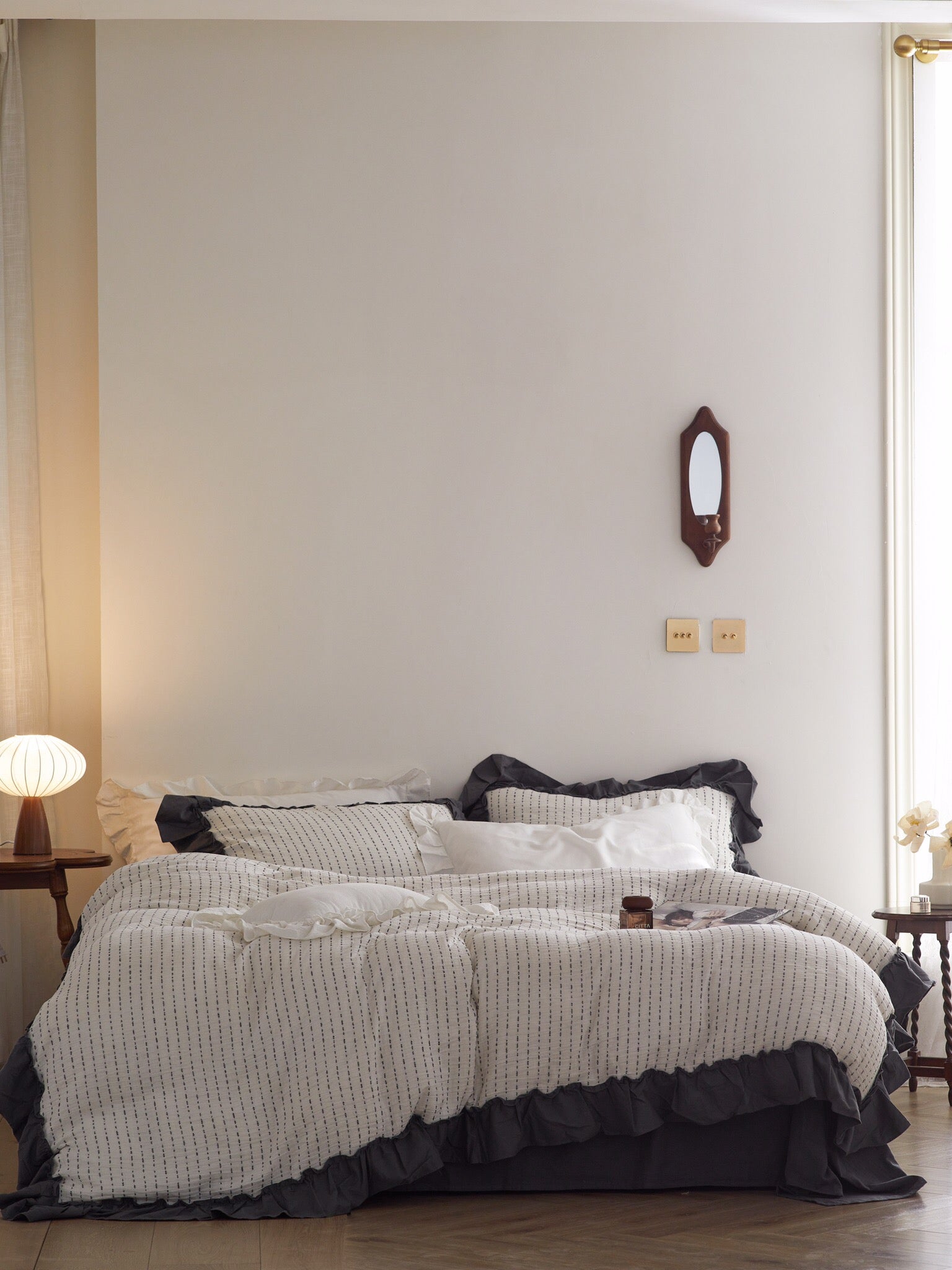 Ivory Charcoal Ruffle Stripe Cotton Muslin Comforter original reference image 8