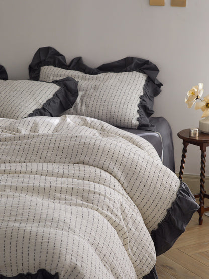 Ivory Charcoal Ruffle Stripe Cotton Muslin Comforter original reference image 9