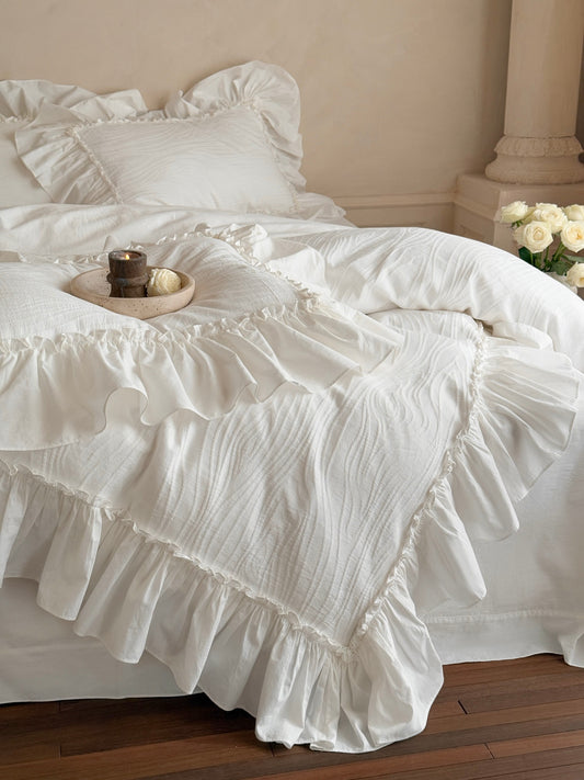 Ivory Textured Stripe Ruffle Cotton Muslin Comforter original reference image 2