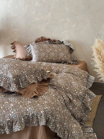 Mocha Meadow Floral Ruffle Cotton Double Gauze Comforter original reference image 1