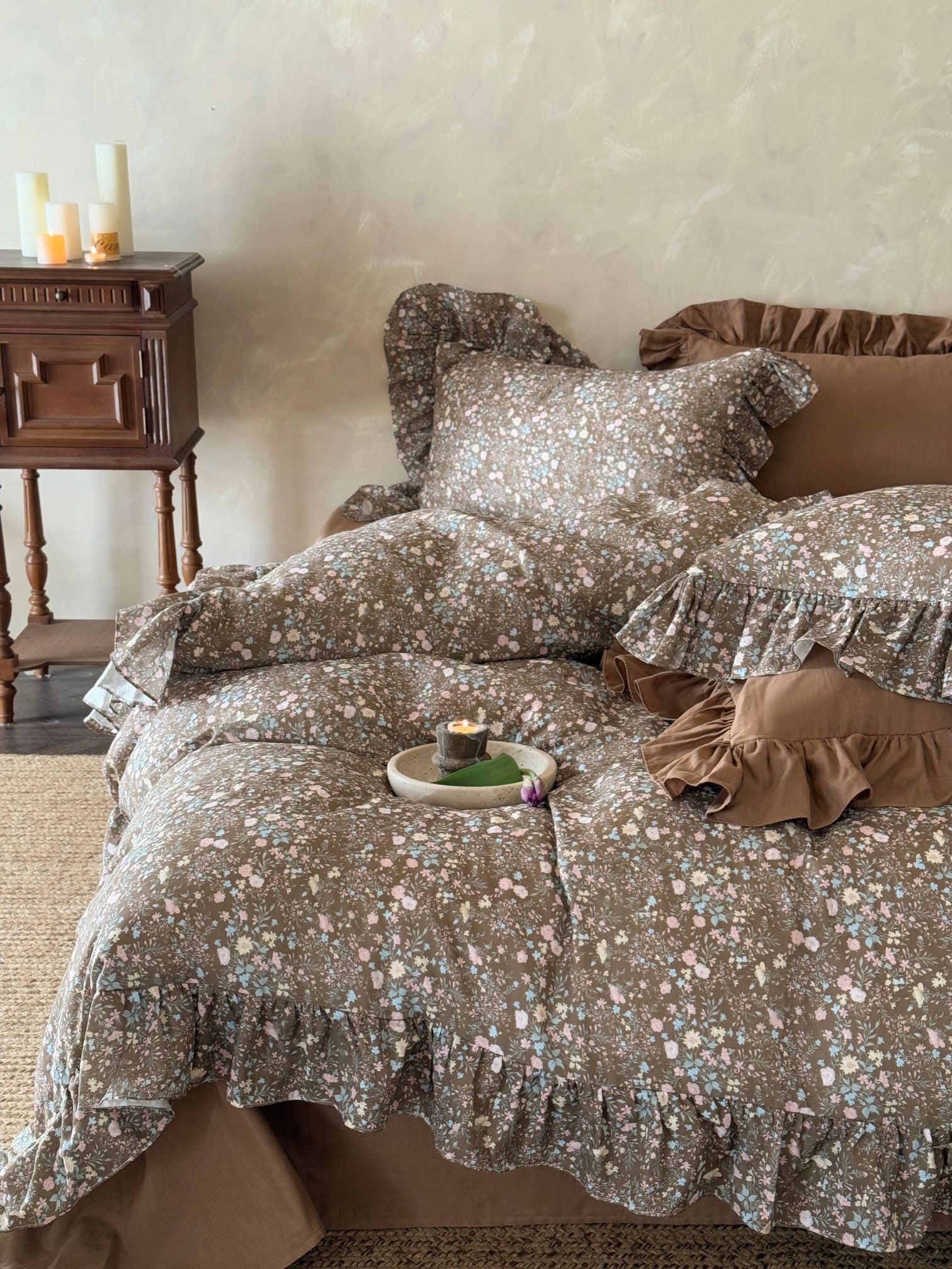 Mocha Meadow Floral Ruffle Cotton Double Gauze Comforter original reference image 4
