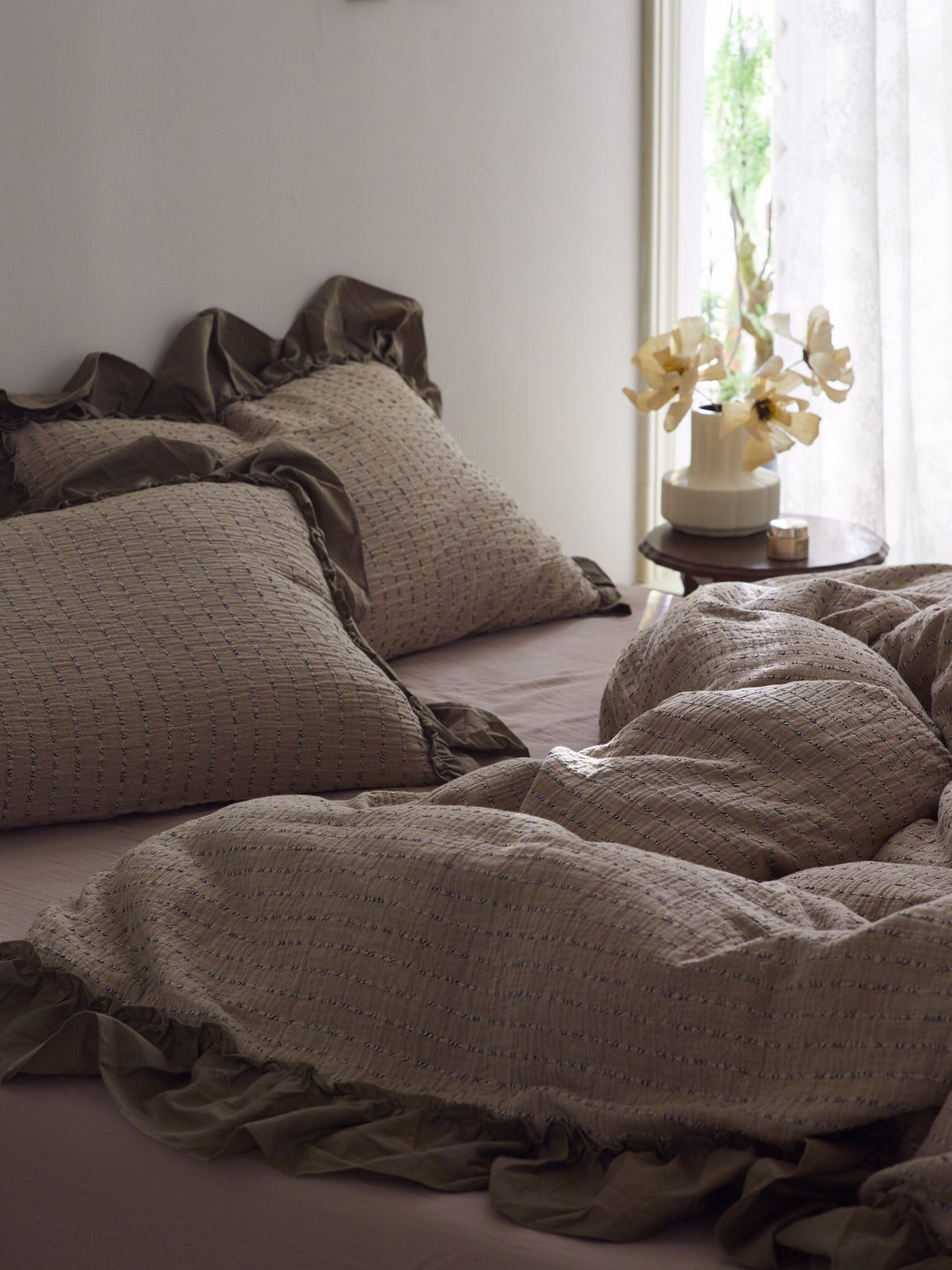 Mocha Ruffle Stripe Cotton Muslin Comforter original reference image 5