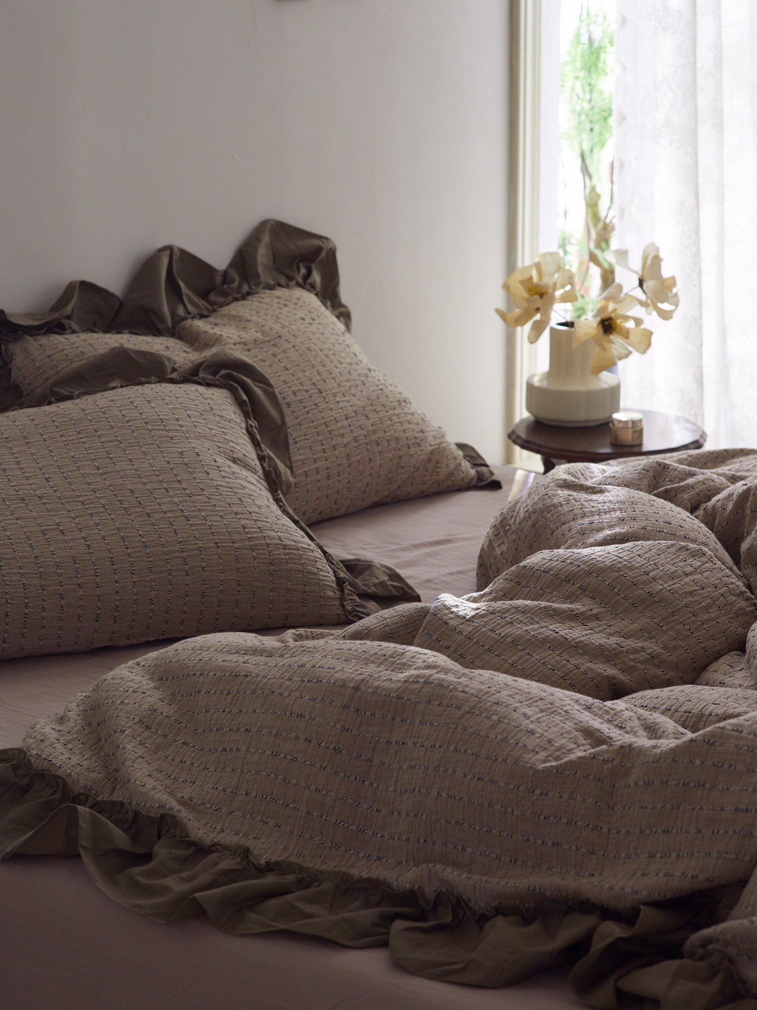 Mocha Ruffle Stripe Cotton Muslin Comforter original reference image 5