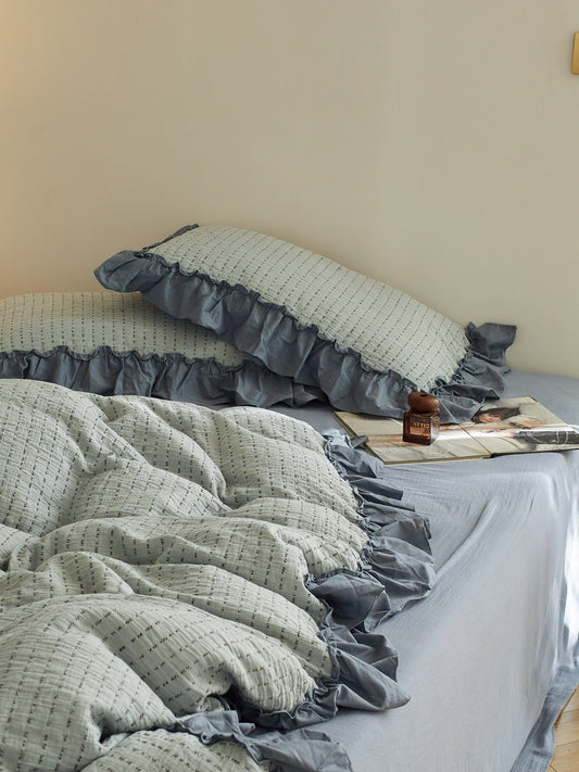 Sage Charcoal Ruffle Stripe Cotton Muslin Comforter original reference image 1