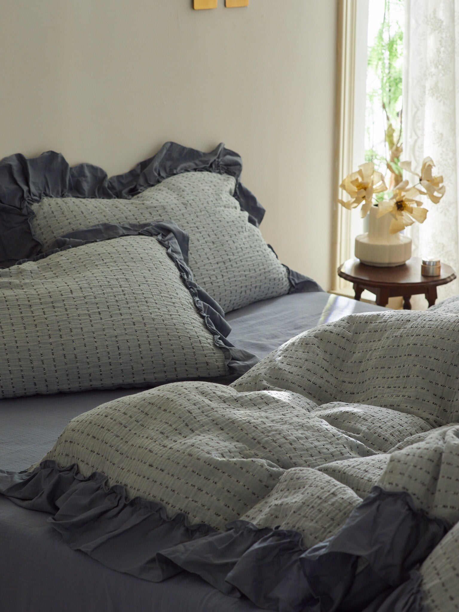 Sage Charcoal Ruffle Stripe Cotton Muslin Comforter original reference image 3