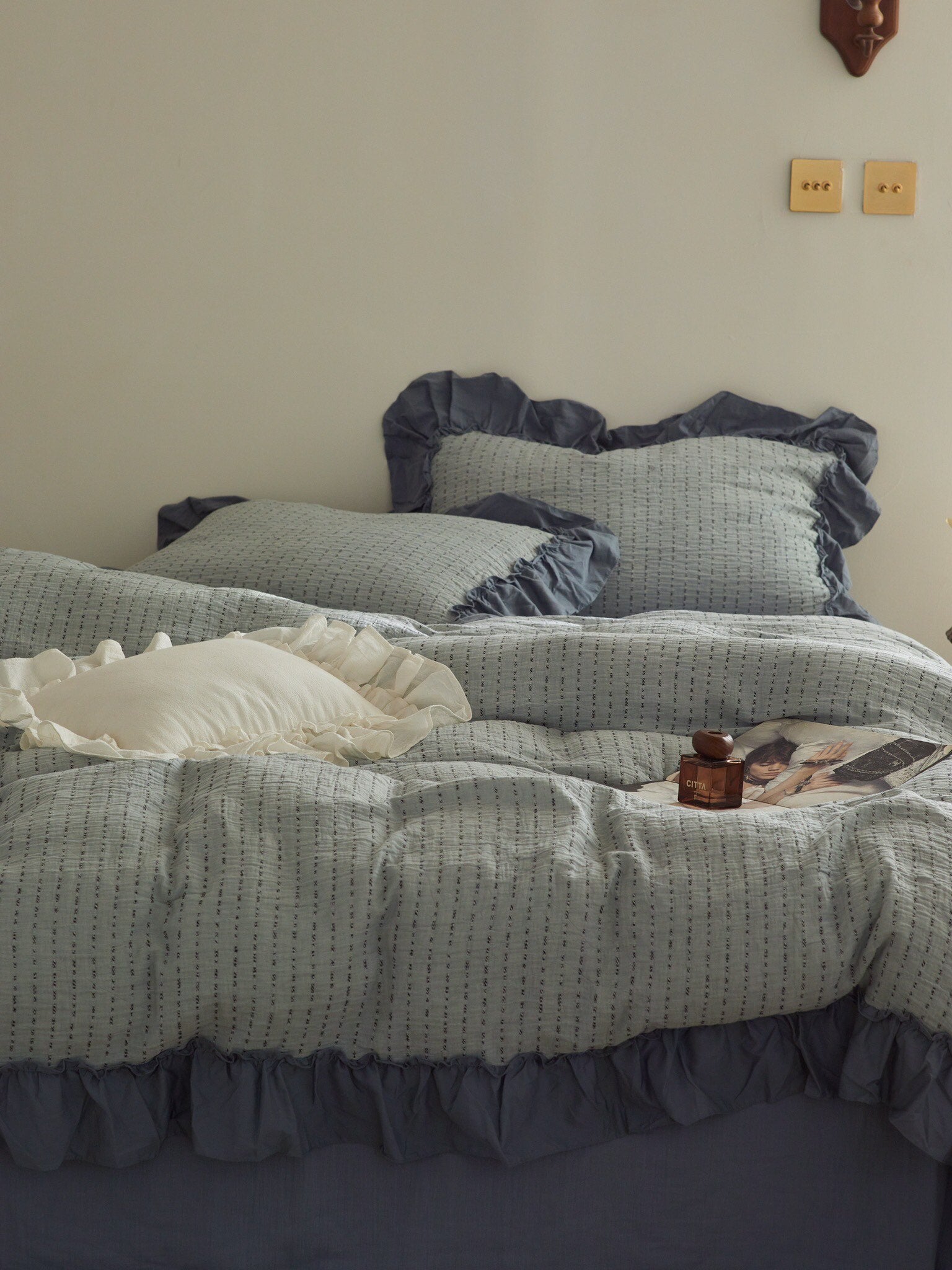 Sage Charcoal Ruffle Stripe Cotton Muslin Comforter original reference image 4