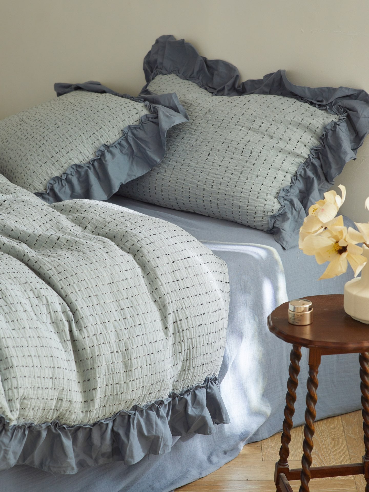 Sage Charcoal Ruffle Stripe Cotton Muslin Comforter original reference image 5