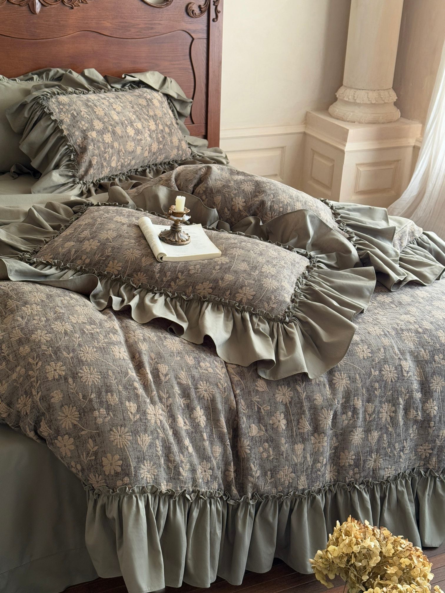Sage Daisy Ruffle Cotton Jacquard Comforter original reference image 5